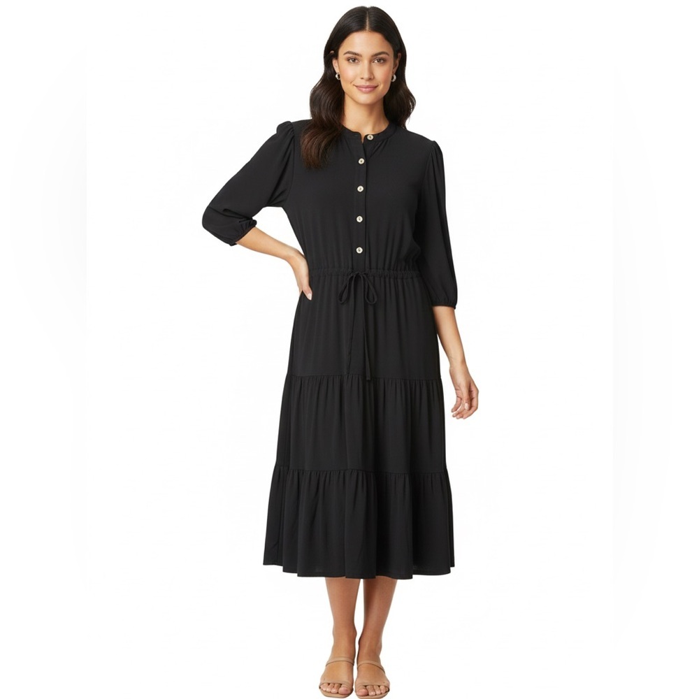 🖤 Anne Klein Tiered Midi Dress | NWT Gold Button Jersey, Size 8